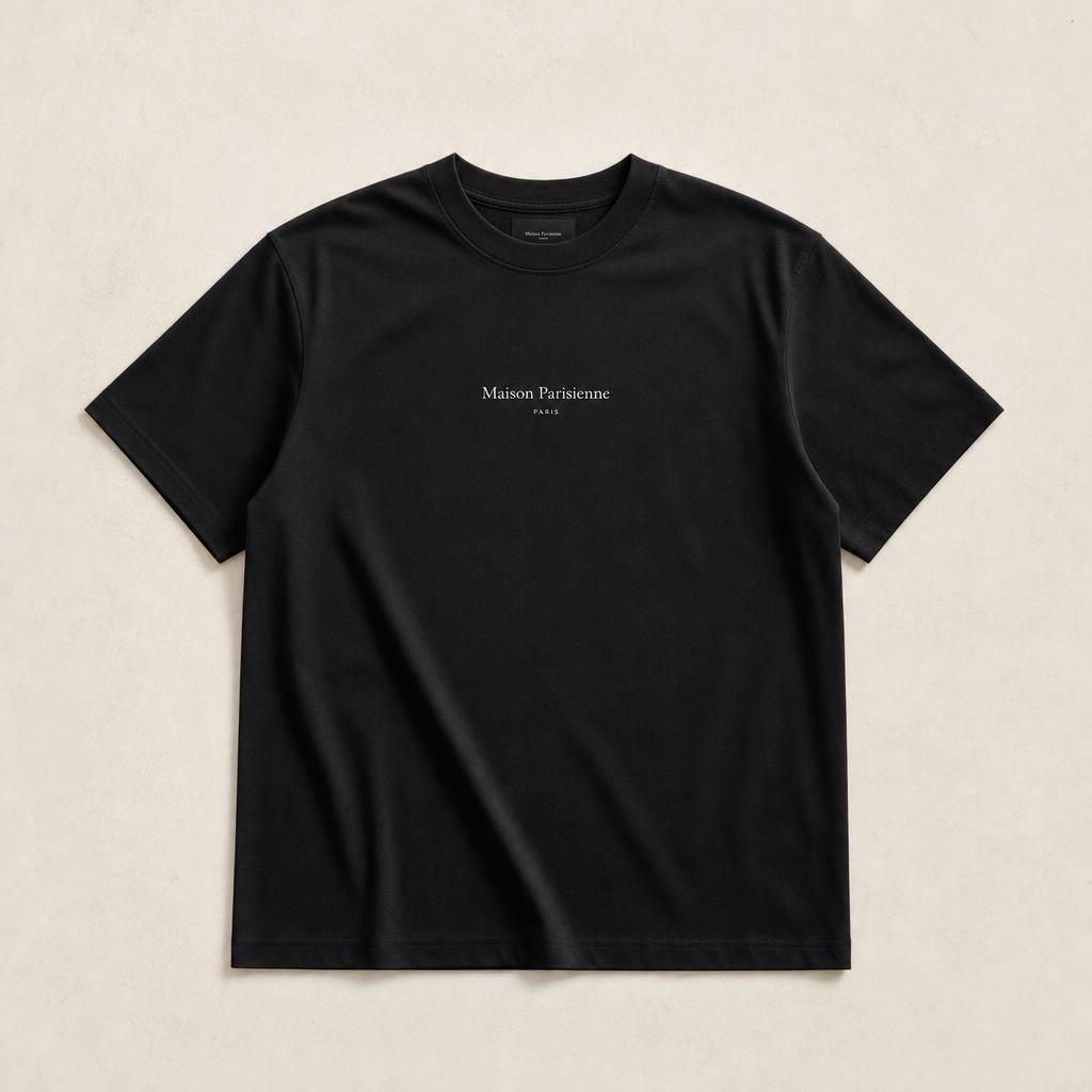 T-shirt noir Maison Parisienne, vue de face avec le texte centré
